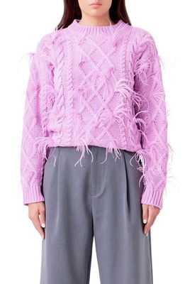 Endless Rose Feather Trim Cable Knit Sweater in Lilac