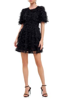 Endless Rose Feathered Mesh Puff Sleeve Minidress in Black