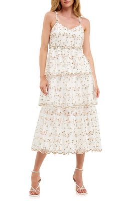 Endless Rose Floral Embroidered Tiered Midi Dress in White Multi