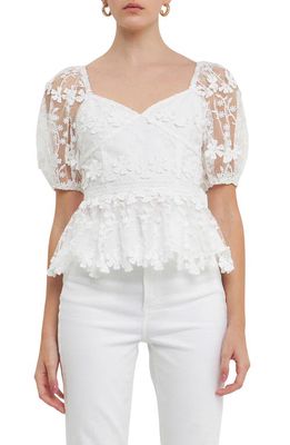 Endless Rose Floral Lace Puff Sleeve Peplum Top in White