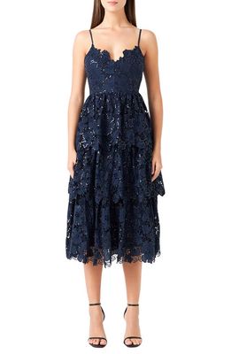 Endless Rose Floral Lace Tiered Sequin Midi Dress in Navy