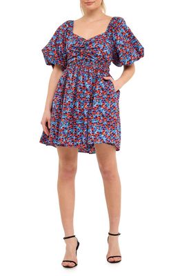 Endless Rose Floral Print Ruched Puff Sleeve Cotton Poplin Babydoll Dress in Blue/Purple