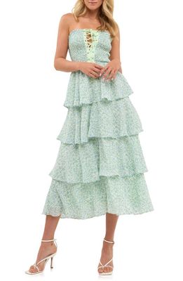 Endless Rose Floral Print Tiered Strapless Dress in Blue