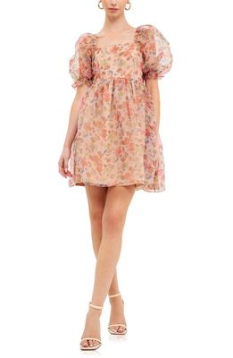 Endless Rose Floral Puff Sleeve Babydoll Minidress in Brown Multi