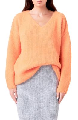 Endless Rose Fuzzy V-Neck Rib Sweater in Clementine