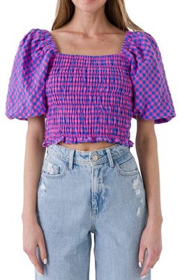 Endless Rose Gingham Puff Sleeve Crop Top in Pink Blue Combo