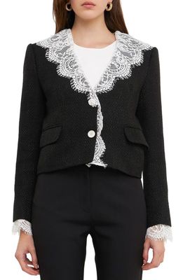 Endless Rose Lace Collar Tweed Crop Blazer in Black