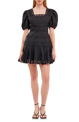 Endless Rose Lace Puff Sleeve Cotton & Linen Minidress in Black