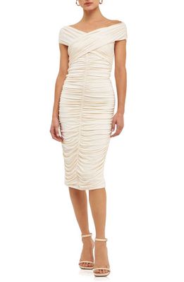 Endless Rose Off the Shoulder Ruched Midi Dress in Cream