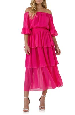 Endless Rose Off the Shoulder Tiered Chiffon Dress in Fuchsia