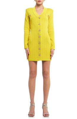 Endless Rose Padded Shoulder Long Sleeve Button-Up Sweater Minidress in Yellow