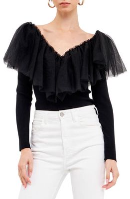 Endless Rose Pleated Ruffle Mesh Mixed Media Top in Black