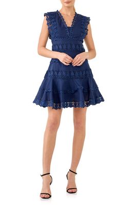Endless Rose Plunge Neck Tiered Lace Linen & Cotton Dress in Navy