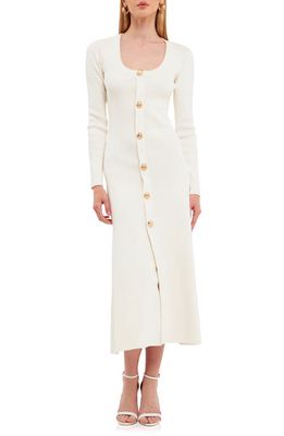 Endless Rose Premium Front Button Long Sleeve Rib Midi Dress in White