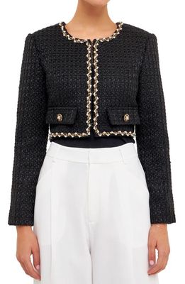 Endless Rose Premium Tweed Crop Jacket with Imitation Pearl Trim in Black
