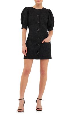 Endless Rose Puff Sleeve Tweed Button-Up Minidress in Black
