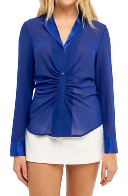 Endless Rose Ruched Front Chiffon Shirt in Navy