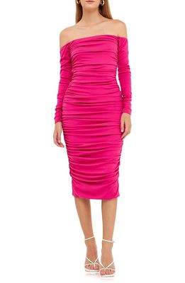 Endless Rose Ruched Off the Shoulder Long Sleeve Dress in Fuchsia