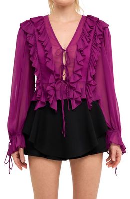 Endless Rose Ruffle Tie Front Chiffon Blouse in Grape