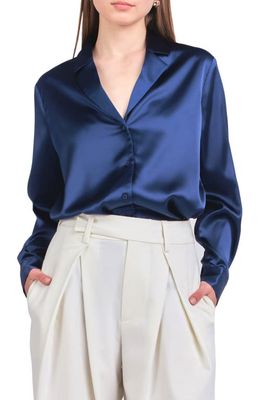 Endless Rose Satin Button-Up Blouse in Navy