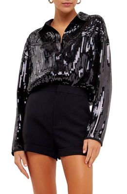 Endless Rose Sequin Button-Up Shirt in Black
