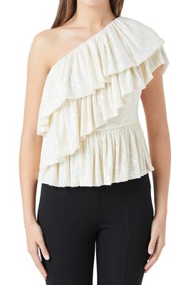 Endless Rose Sequin Ruffle One Shoulder Peplum Top in Opal