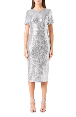 Endless Rose Sequin Short Sleeve Midi Sheath Dress in Silver