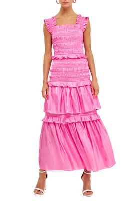 Endless Rose Sheer Smocked Tiered Maxi Dress in Pink