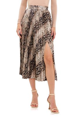 Endless Rose Snakeskin Pleat Side Slit Midi Skirt in Tan Multi