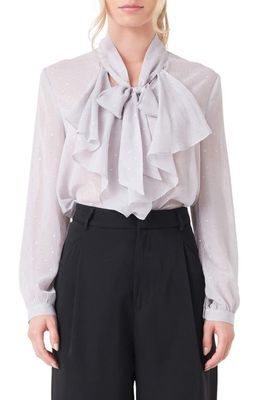 Endless Rose Tie Neck Clip Dot Chiffon Top in Silver