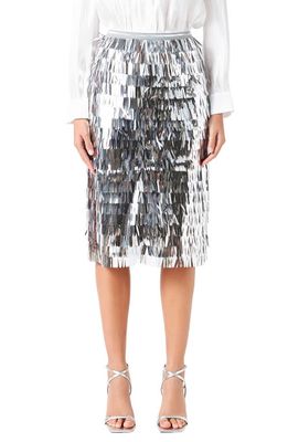 Endless Rose Tiered Fringe Metallic Pencil Skirt in Silver