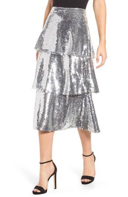 Endless Rose Tiered Sequin Midi Skirt in Silver