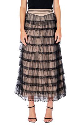 Endless Rose Tiered Tulle Midi Skirt in Black/Nude