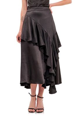 Endless Rose Waterfall Ruffle Satin Maxi Skirt in Black