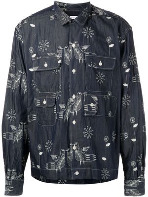 Engineered Garments embroidered denim bowling shirt - Blue