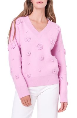 English Factory 3D Flower V-Neck Sweater in Pink