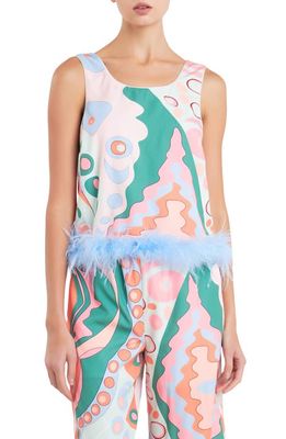 English Factory Abstract Print Feather Trim Top in Pink Multi