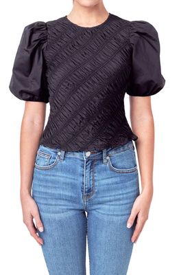 English Factory Asymmetric Shirred Puff Sleeve Top in Black