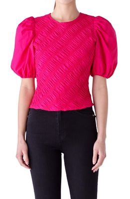 English Factory Asymmetric Shirred Puff Sleeve Top in Magenta 