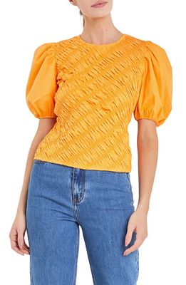 English Factory Asymmetric Shirred Puff Sleeve Top in Orange 