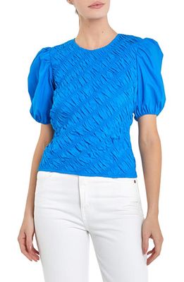 English Factory Asymmetric Shirred Puff Sleeve Top in Sapphire Blue 