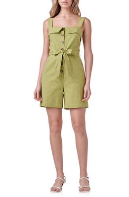 English Factory Belted Linen & Cotton Button-Up Romper in Green