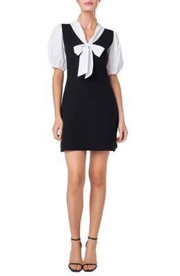 English Factory Bow Tie Puff Sleeve Mixed Media Minidress in Black/White