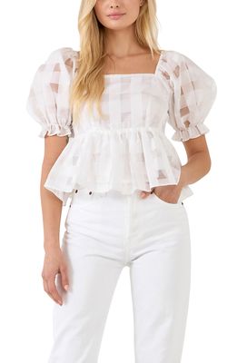 English Factory Check Puff Sleeve Organza Peplum Blouse in White