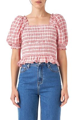 English Factory Check Smocked Bow Accent Top in Red