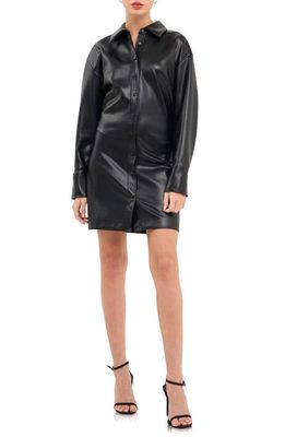 English Factory Cinched Faux Leather Long Sleeve Mini Shirtdress in Black