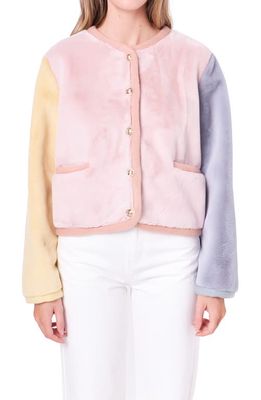 English Factory Colorblock Faux Fur Jacket in Pink Multi