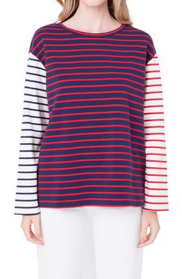 English Factory Colorblock Stripe Long Sleeve Stretch Cotton Top in Navy Multi