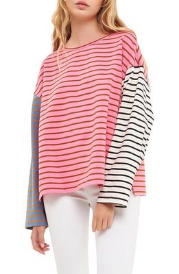 English Factory Colorblock Stripe Long Sleeve Stretch Cotton Top in Pink Multi