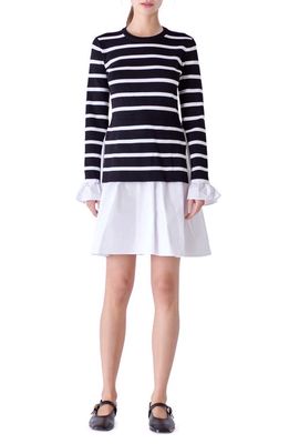 English Factory Combo Knit & Poplin Dress in Black Stripe